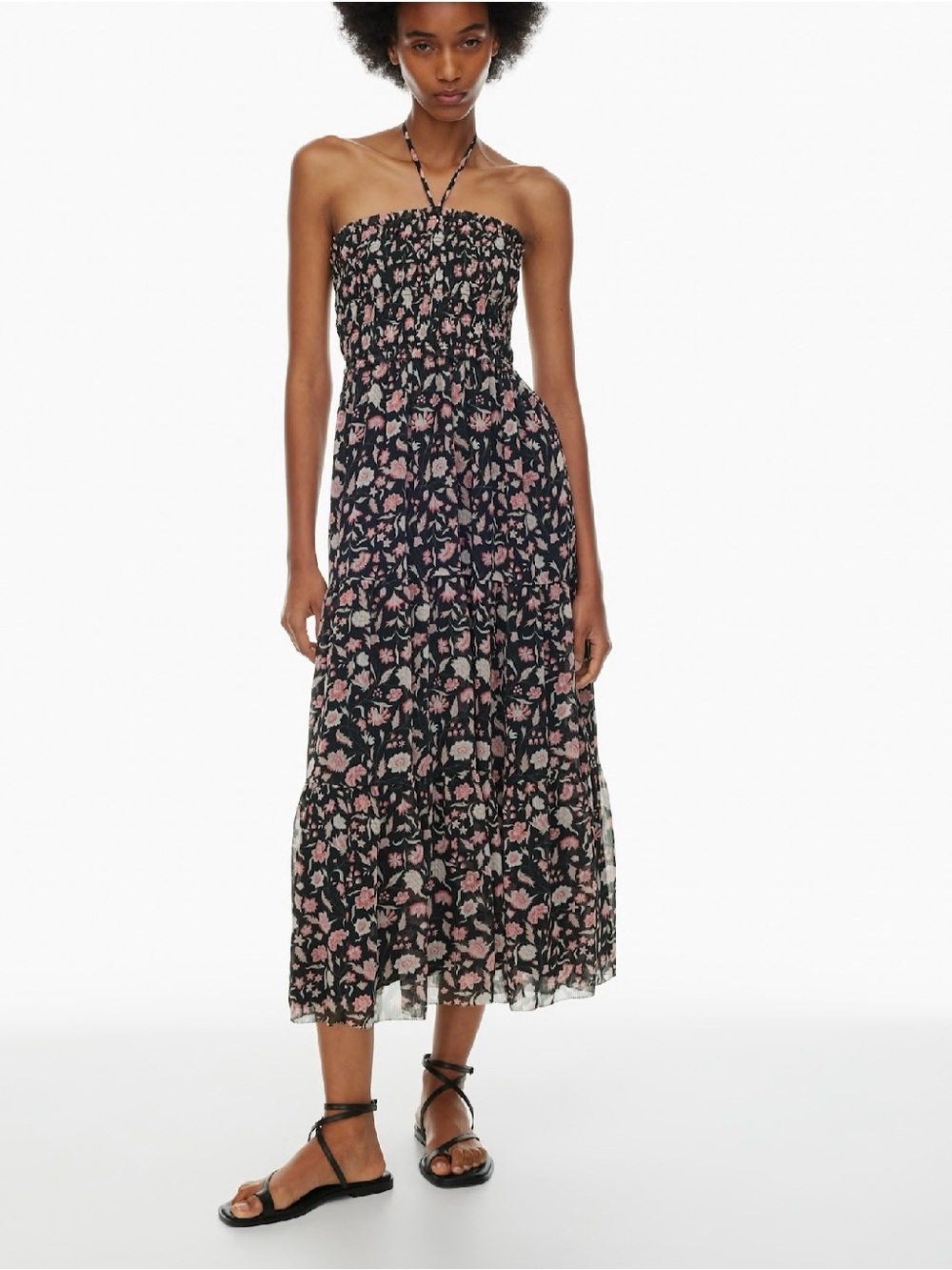 Strapless Floral Midi Sundress in Black and Pink